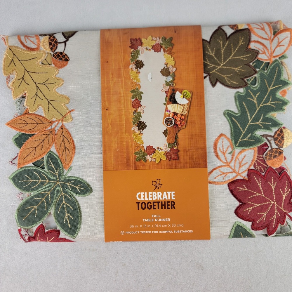 Celebrate Together Fall Hatvest Table Runner Embroidered Leaf & Acorn 36 in NEW